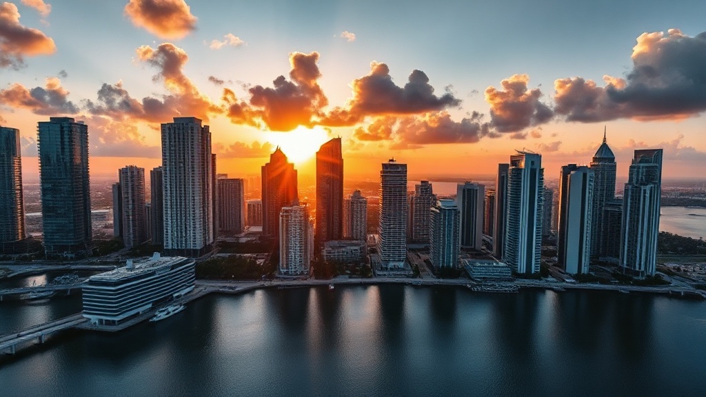 Aerial view of Downtown Miami skyline with Brickell high-rises reflecting in Biscayne Bay at golden hour, representing Miami's competitive digital marketing landscape